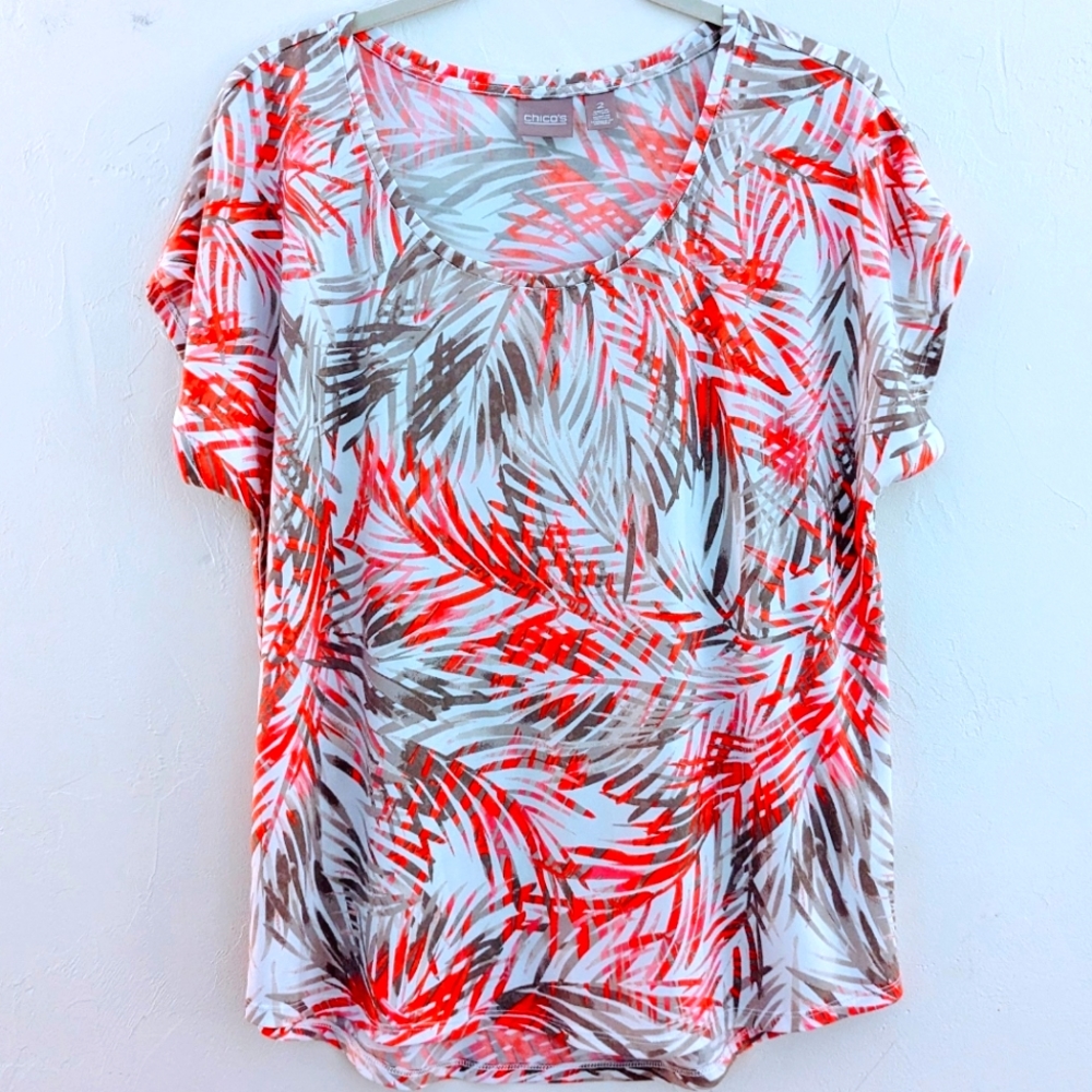 Chico's Short Sleeve Top Palm Leaf Peach/White/Tan Size 2 (W 13-14)